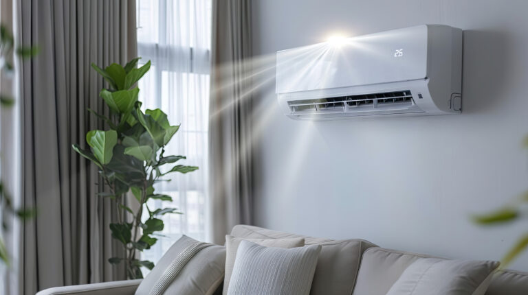 Split air conditioner mounted on the wall. Cooling unit in the room.