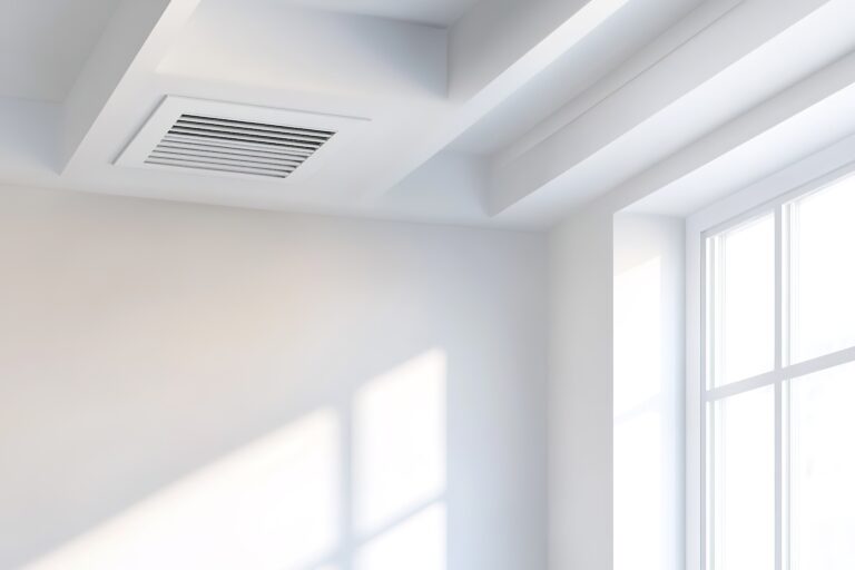 Modern ceiling air vent in bright room with sunlight