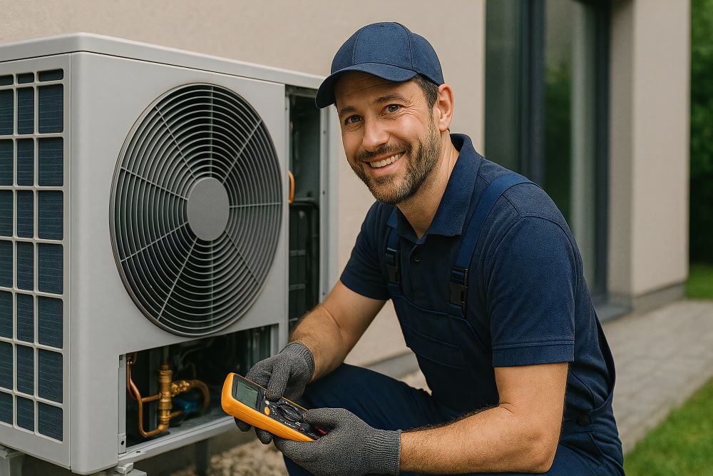 Smiling AC Technician working on unit