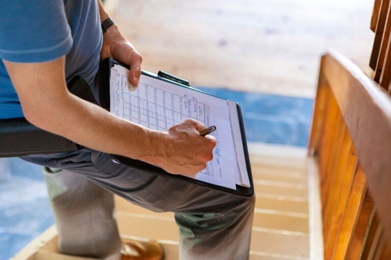 Technician on stairs with clipboard - energy audit