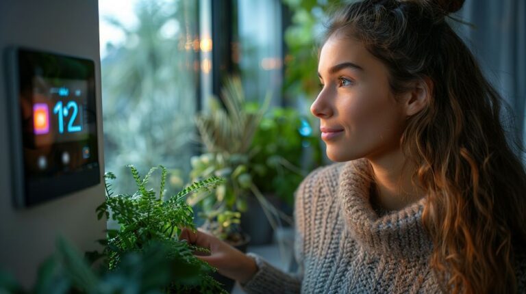 Woman with smart thermostat at window